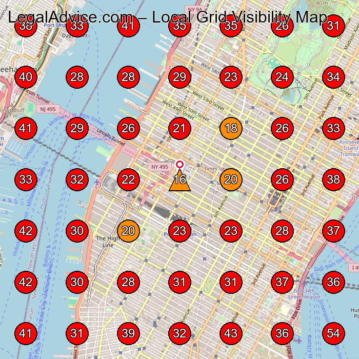 LegalAdvice.com GeoGrid visibility map for Legal Services in New York
